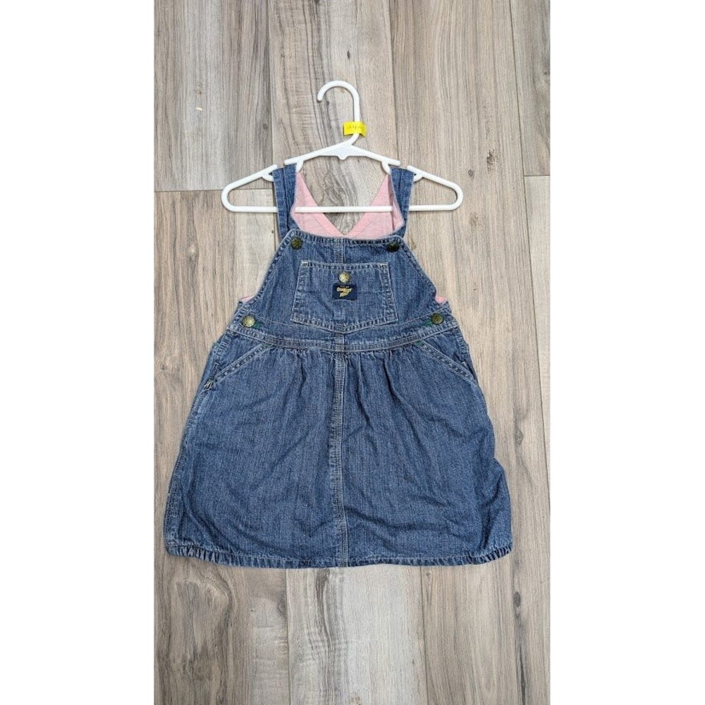 OshKosh B'Gosh Girls Denim Jumper Dress Pink Lining Overall Dress